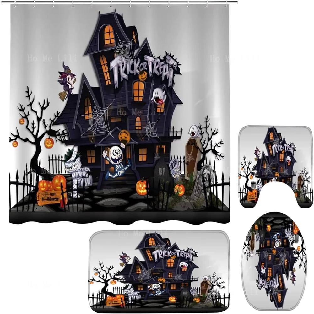 Halloween Haunted House Pumpkin Black Cat Shower Curtain Set With Rugs Four-Piece