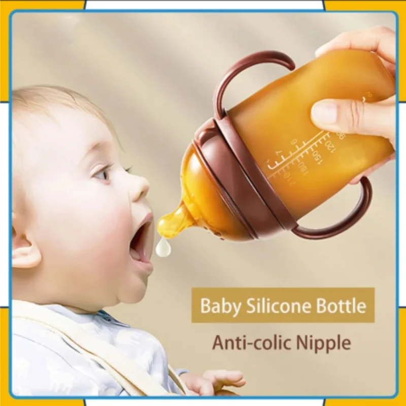 150ML/240ML wide caliber silicone tape soft imitation breast milk anti bloating milk bottle with handle, 0-36 months old