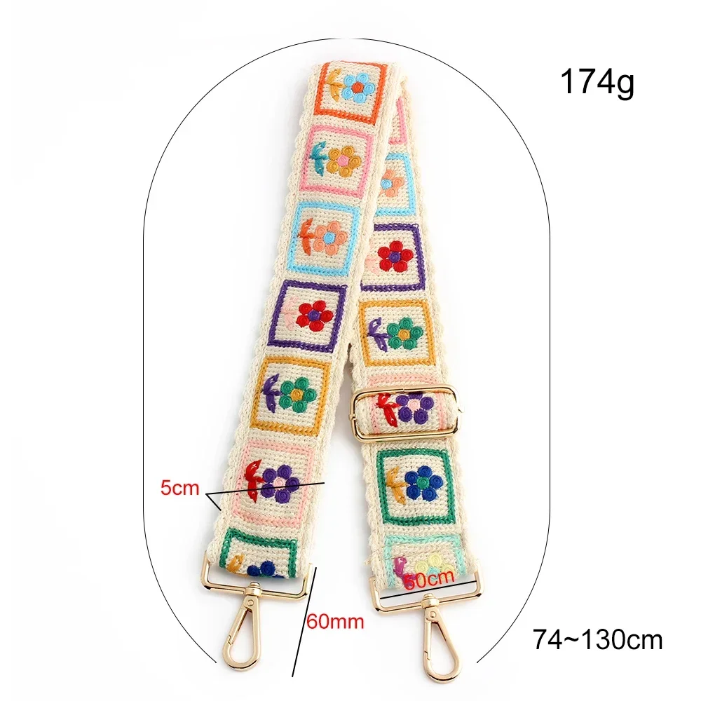 Colorful Ethnic Embroidery Style Flower Guitar Handbag Strap With Hook Wide Comfortable DIY Knitted Bag Replacement Accessories