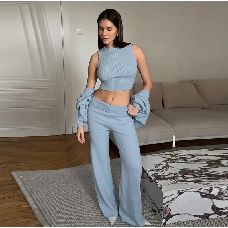 Damen Strick-3-Teiler-Set: O-Ausschnitt, ärmelloses Crop-Top, Langarm-Mantel, weit geschnittene Hose, Herbstmode, neue Strickwaren für Damen – Detail 23