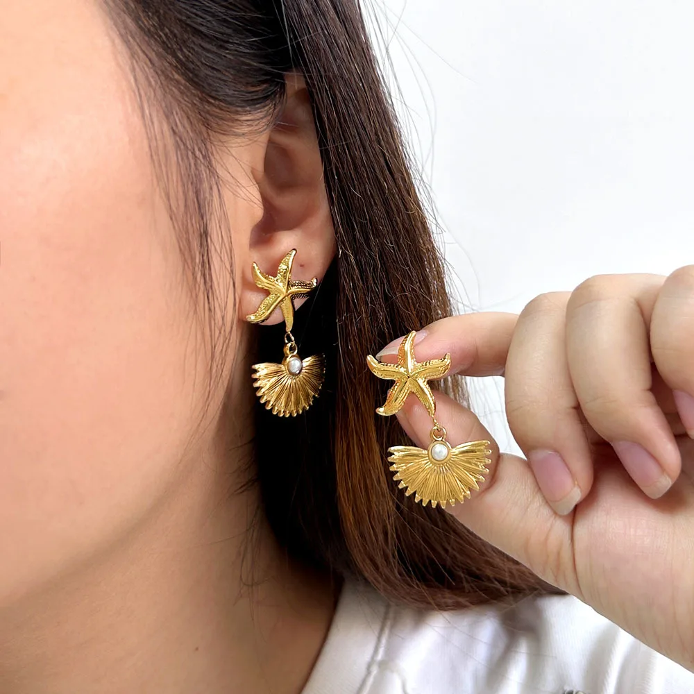 DIY accessories European and American creative starfish shell earrings, niche trend glass pearl earrings, stainless steel light