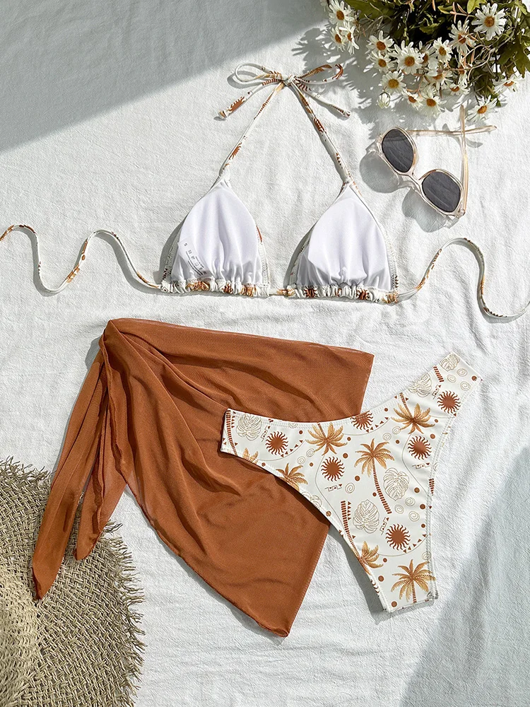 Print Laced Up Bikinis Women Split Swimsuit Beach Vacation Bikini 2026 New All Season Sexy Backless Bikini Mesh 3 Piece Set