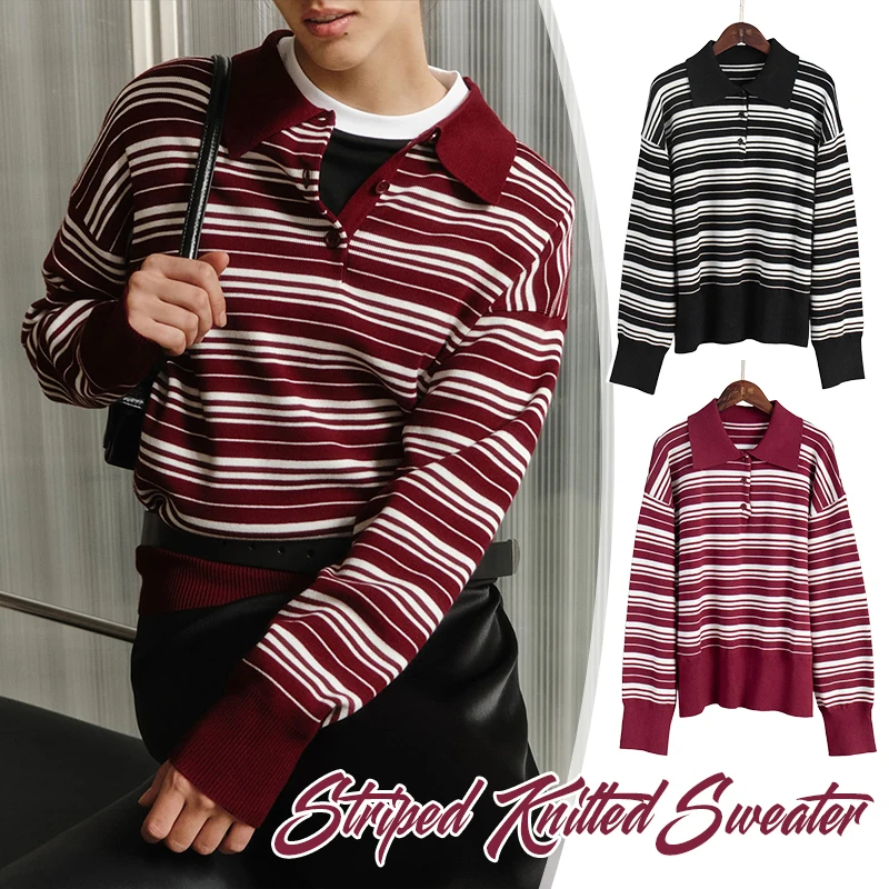 

Новая женская винтажная трикотажная футболка с воротником-поло в контрастную полоску, осенне-зимний модный топ с длинными рукавами в стиле ретро, повседневный трендовый топ