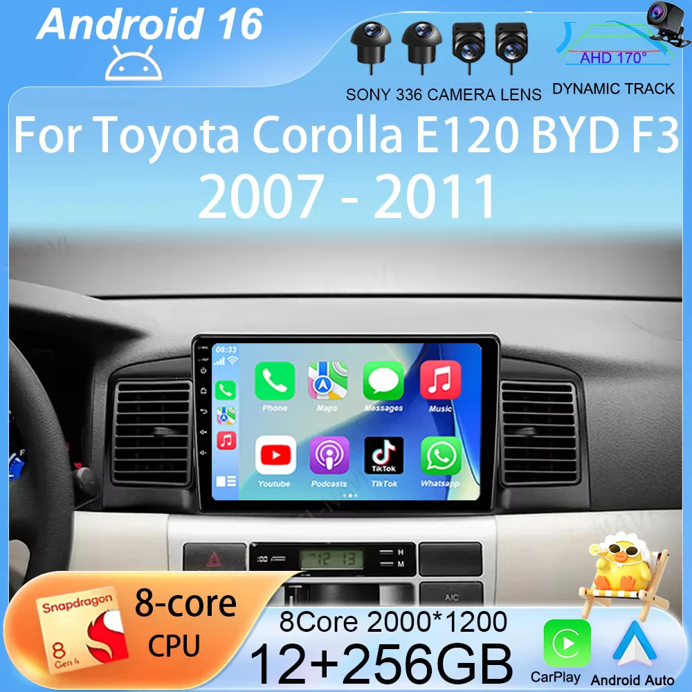 Android 16 For Toyota Corolla E120 BYD F3 2007 - 2011 auto Car Radio Multimedia carplay gsp 2din Stereo DSP Qled 4G NET