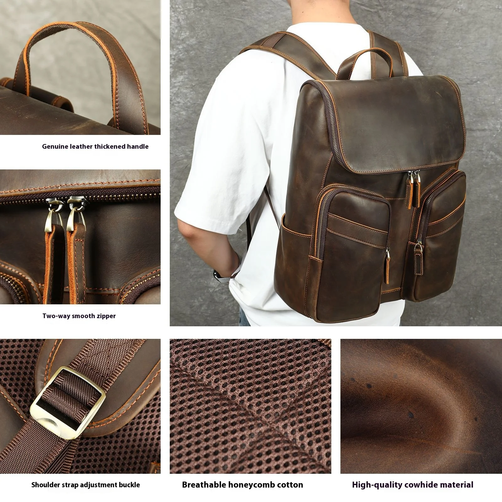 Crazy Horse Leather Backpack Genuine Leather Men's 16 Inch Laptop Backpack Large Capacity Premium Casual Backpack