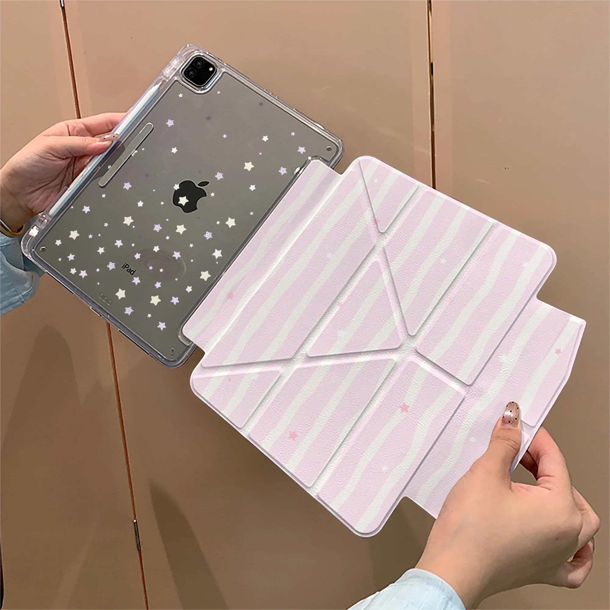 Korean Pink Stripe New Tablet Case For iPad Pro 11 12.9in 13 M4 9.7 10.2 5/6th 7/8/9 10 11th MINI 6 7 Air 5 6 7 Trifold Case