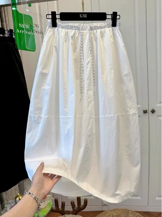 

Ele Bla Elastic Waist Midi Skirt Women's Umbrella Skirt Loose Versatile Dstring Mid-Length Summer Trend 2025