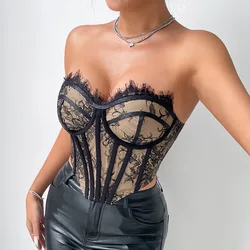 Sexy Lace Corset Bustier Top Women Sleeveless Off Shoulder Female Boned Cropped Streetwear Bustier Mesh Crop Top Lingerie