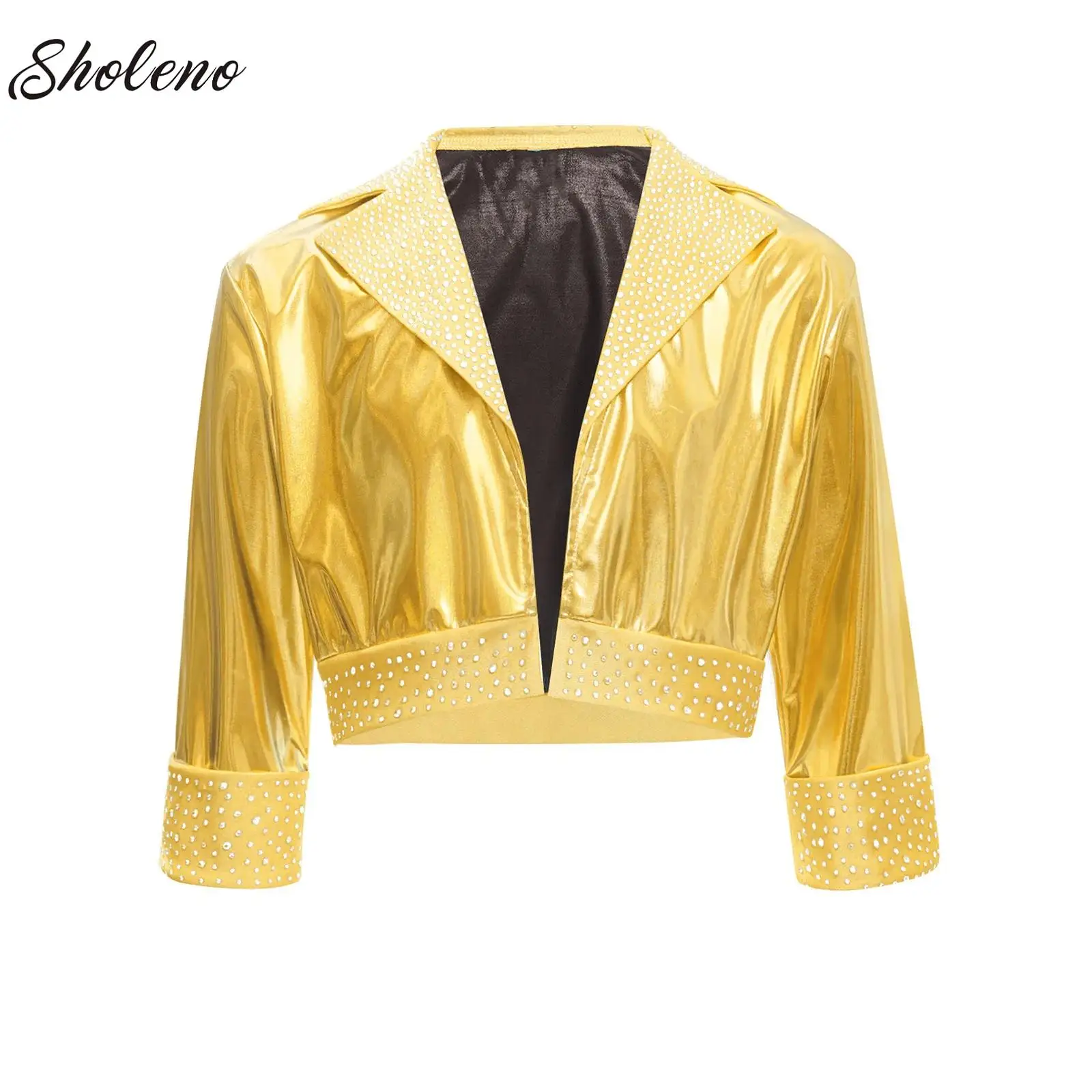 

Girl's Metallic Jazz Dance Performance Costume Lapel Collar Long Sleeve Shiny Children Fashion Coats Jacket Party Streetwear
