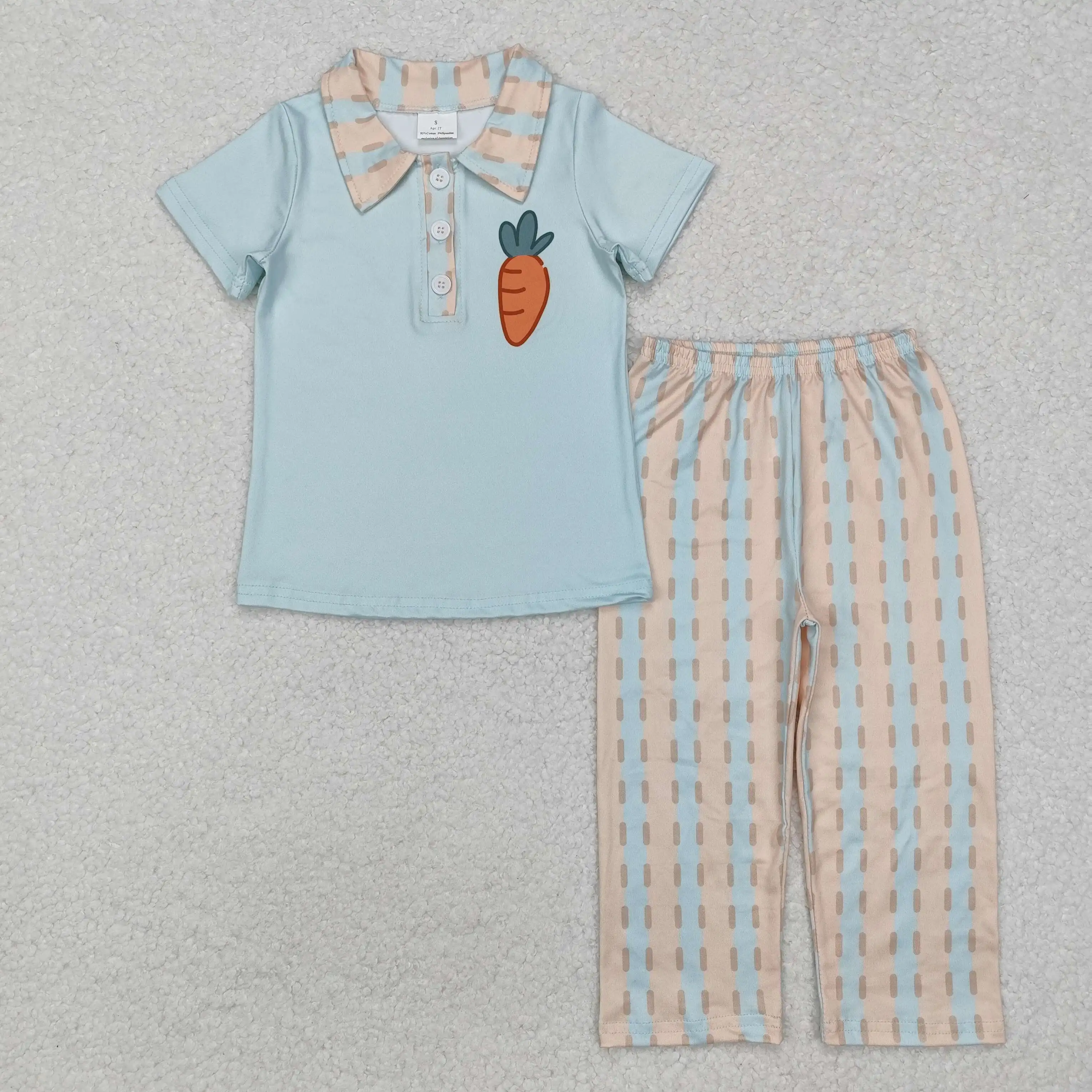 

New rts baby boys Easter suit wholesale boutique carrot print blue short sleeve striped trousers suit
