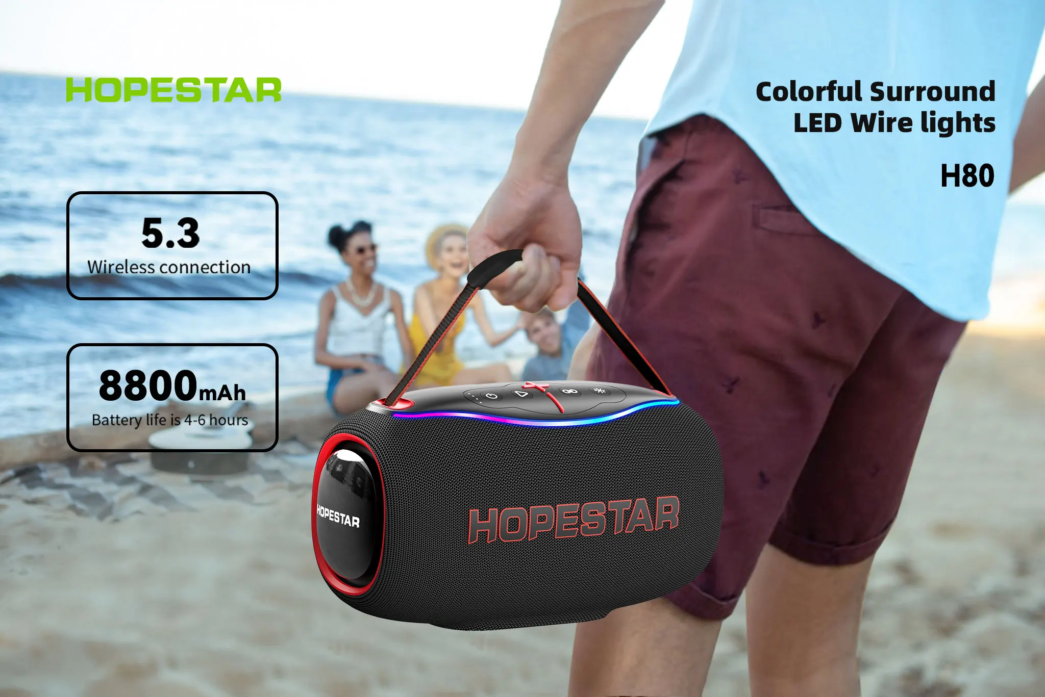 HOPESTAR H80 80W Portable  Speaker Outdoor Wireless Boombox with RGB Light 8800mAh Long Battery Life IPX5 Waterproof