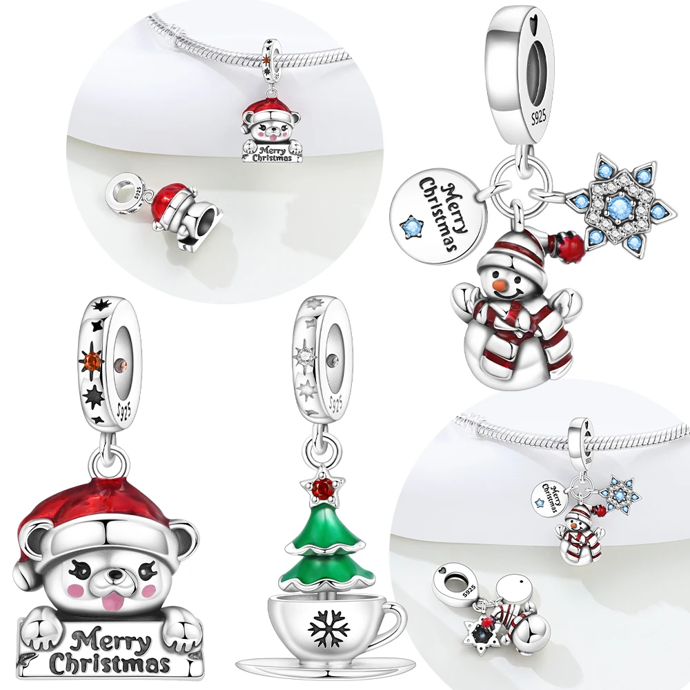 Red Hat Snowman Green Christmas Tree Cup Snowflake Pendant Beads Fit Bracelet Original S925 Silver Accessory Anniversary Gift