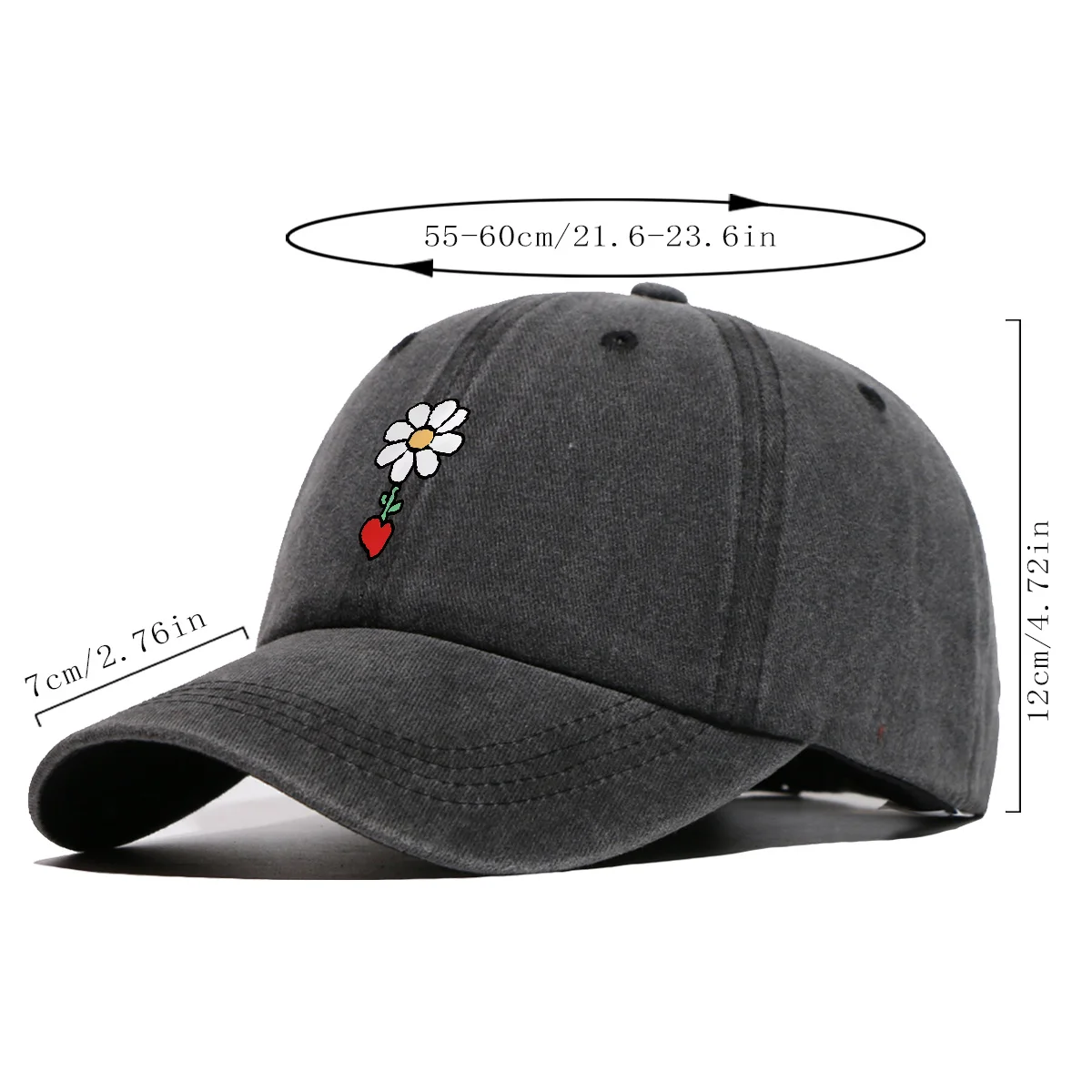 1pc Black And White Daisy with Red Heart Green Leaves Print Baseball Cap, Fresh Literary Sun Hat, Fashionable Individual Aesthet