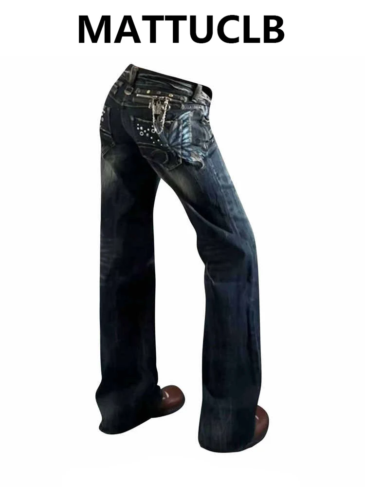 

Женские джинсы-клеш с низкой посадкой, вышивкой, в японском стиле, скинни, расклешенные, Abi Y2k Gyaru, стрейч, ковбойские, американские, ретро, панк