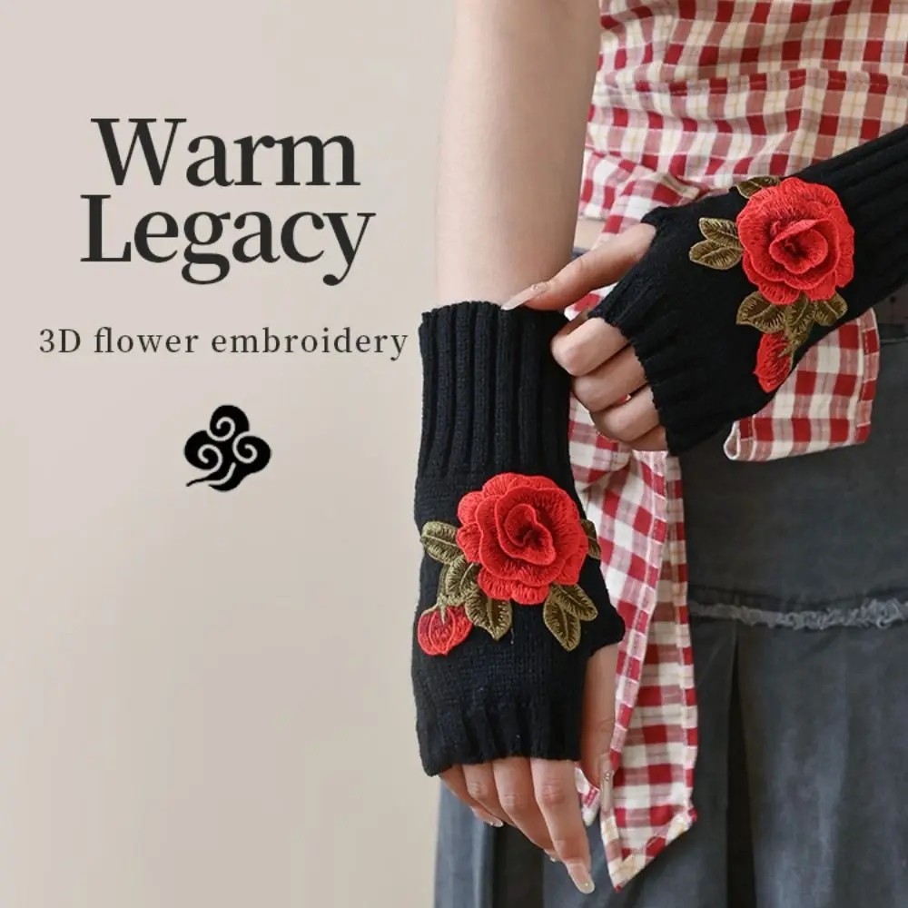 All-Match Vintage Embroidery Knitted Gloves Floral Thick Winter Wool Gloves Waterproof Windproof Crochet Flower Mittens Autumn