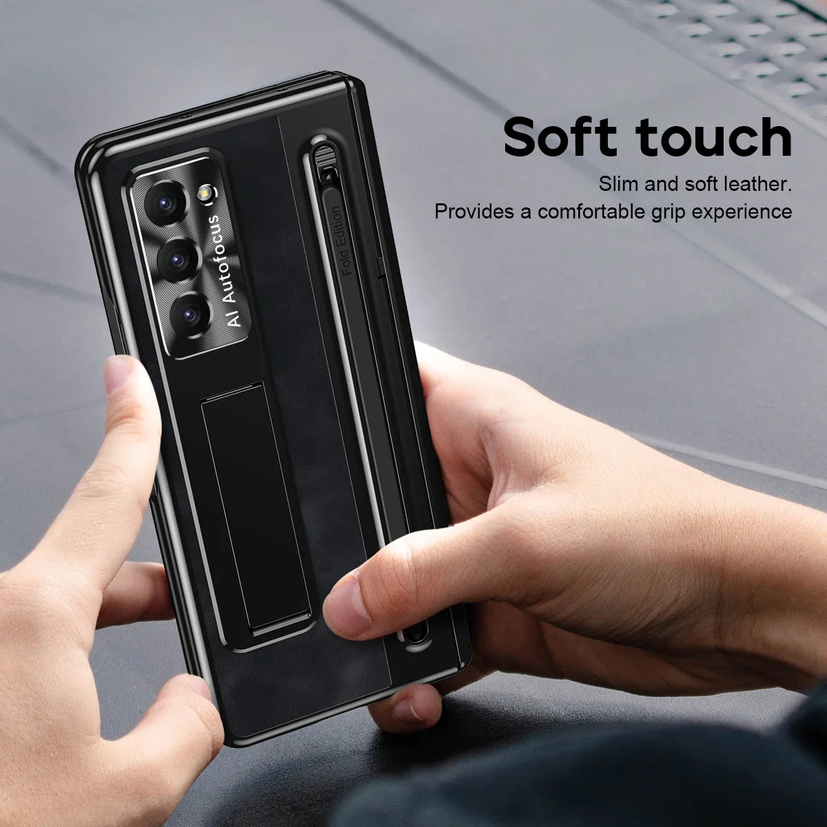 For Samsung Galaxy Z Fold 5 4 Case Matte Leather Bracket With Touch Pen Slot Folding Hinge Tempered Film Shockproof Back Cover