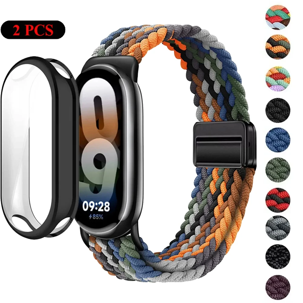 Case+Braided Nylon Band For Xiaomi Miband 10 9 8 Adjustable Magnetic Buckle Band For Mi Band 10/9/8 NFC Miband 10/9 Ceramic Belt