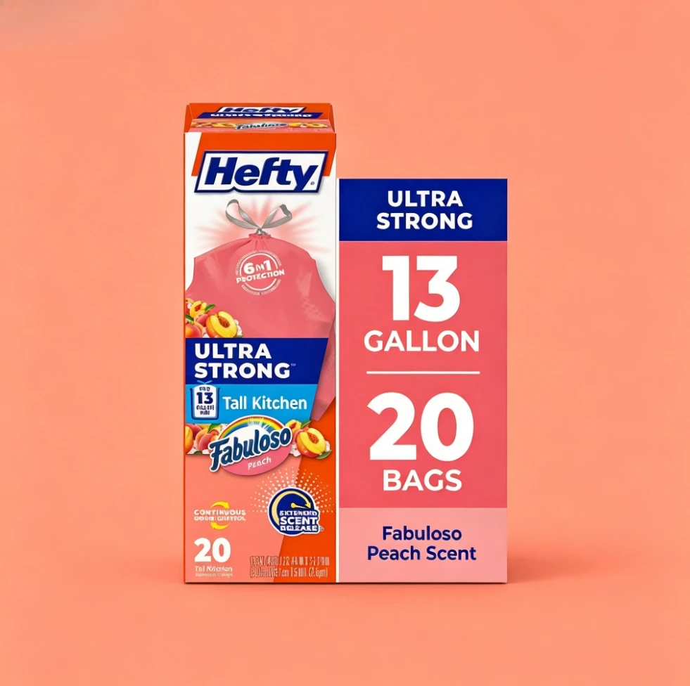 Hefty Ultra Strong 13 Gallon Trash Bags, Tall Kitchen Trash Bags, Peach, Fabuloso Peach Scent, 20 Bags