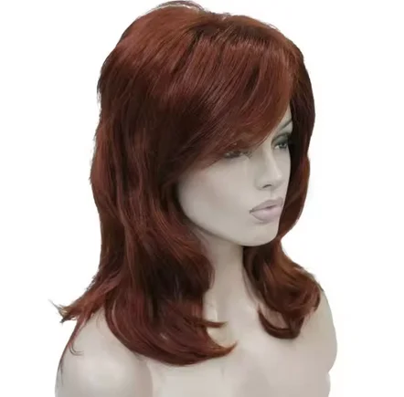 Wig wanita pirang/hitam, rambut palsu penuh bergelombang panjang sedang