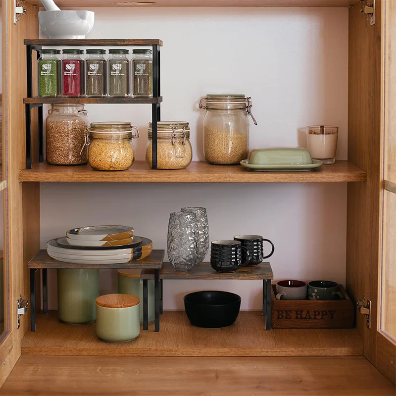 Expandable Kitchen Organizer Stackable Countertop Shelf for Cabinet Wooden Spice Rack Modular Storage Shelves for Dishe Cookware