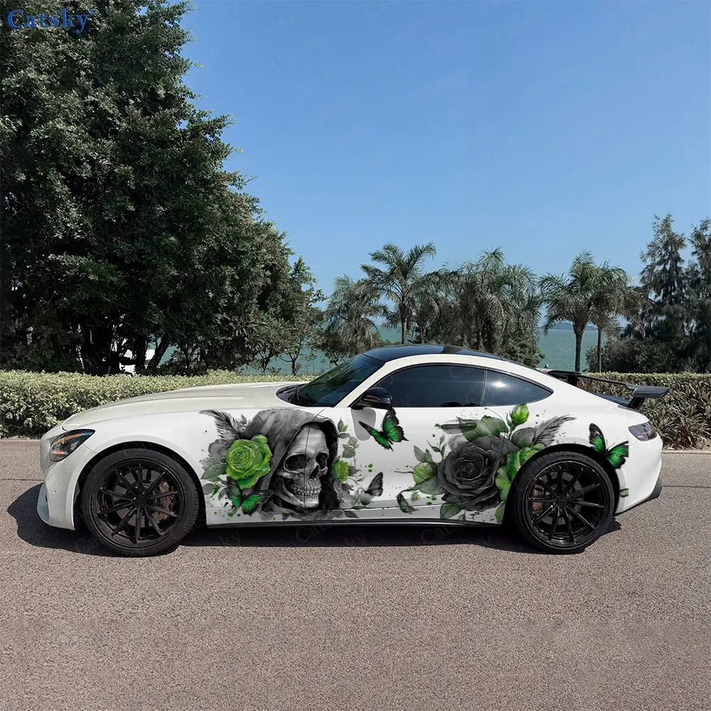 

2pcs Green Grim Reaper & Rose Car Side Wraps, Self-Adhesive PVC Waterproof & Scratch-Resistant Stickers, Car Accessory Gift