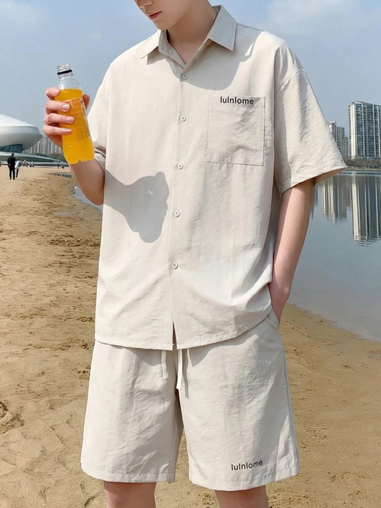 teenage-casual-loose-color-summer-shirt-shorts-set-men's-letter-print-short-sleeve-two-piece-set-polyester-fiber