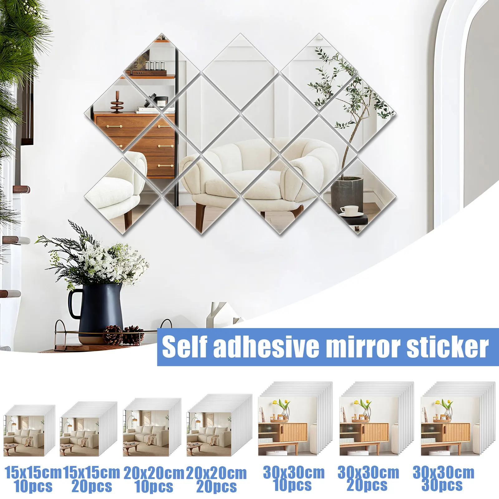 10/20/30Pcs Self Adhesive Mirror Sheets Flexible Non Glass Mirrors Wall Stickers DIY Tiles Mirror Home Room Bedroom Wall Decor