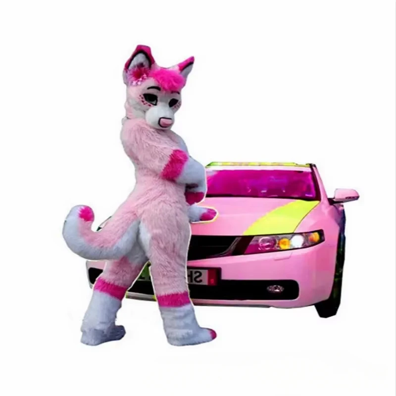 Pink Husky Mascot Professional Long Fur Pink Costume Fox Dog Adult Fancy Suit Unisex Cartoon Outfits Carnival Halloween Xmas Ad