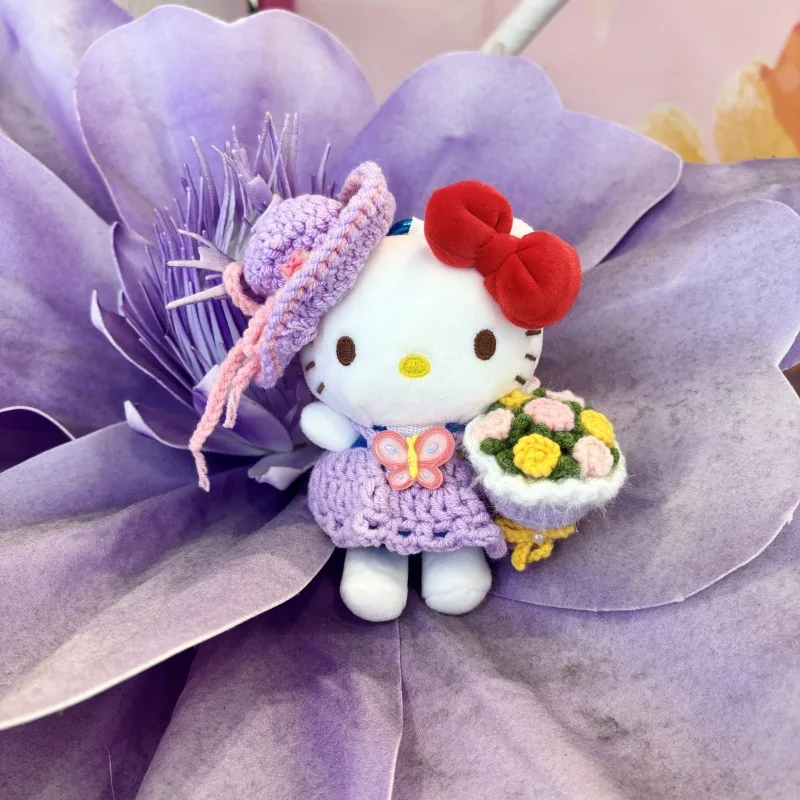 Genuíno bonito dos desenhos animados kawaii olá kitty diy fio roxo conjunto de tricô mão flor boneca de pelúcia chaveiro saco pingente brinquedo presente