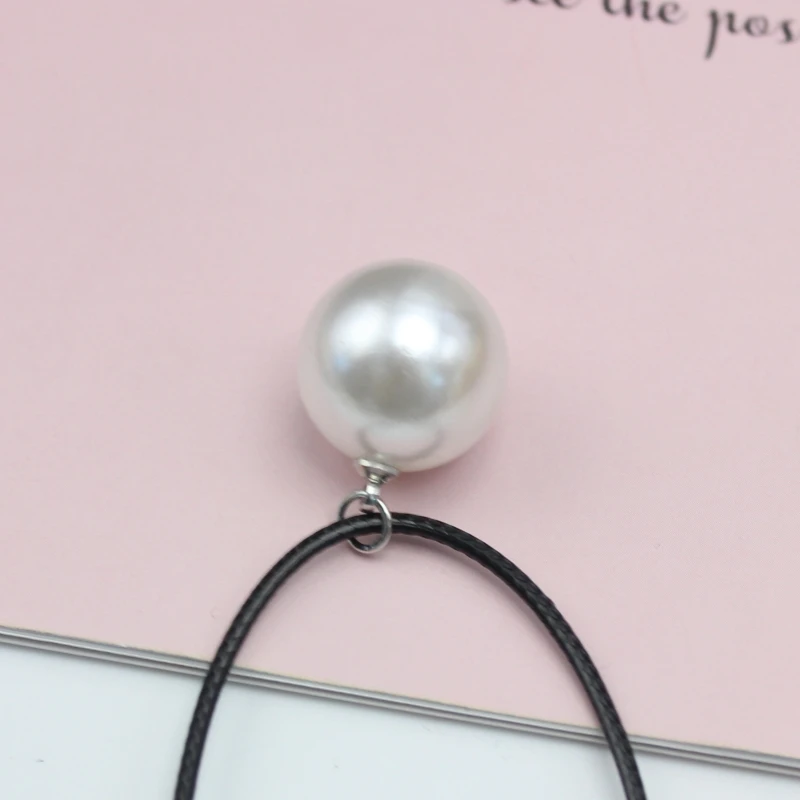18mm Big White Round Imitation Pearl Pendant Necklace for Women 45+5cm PU Leather Wax Line Clavicle Collar Fashion Jewelry Gift