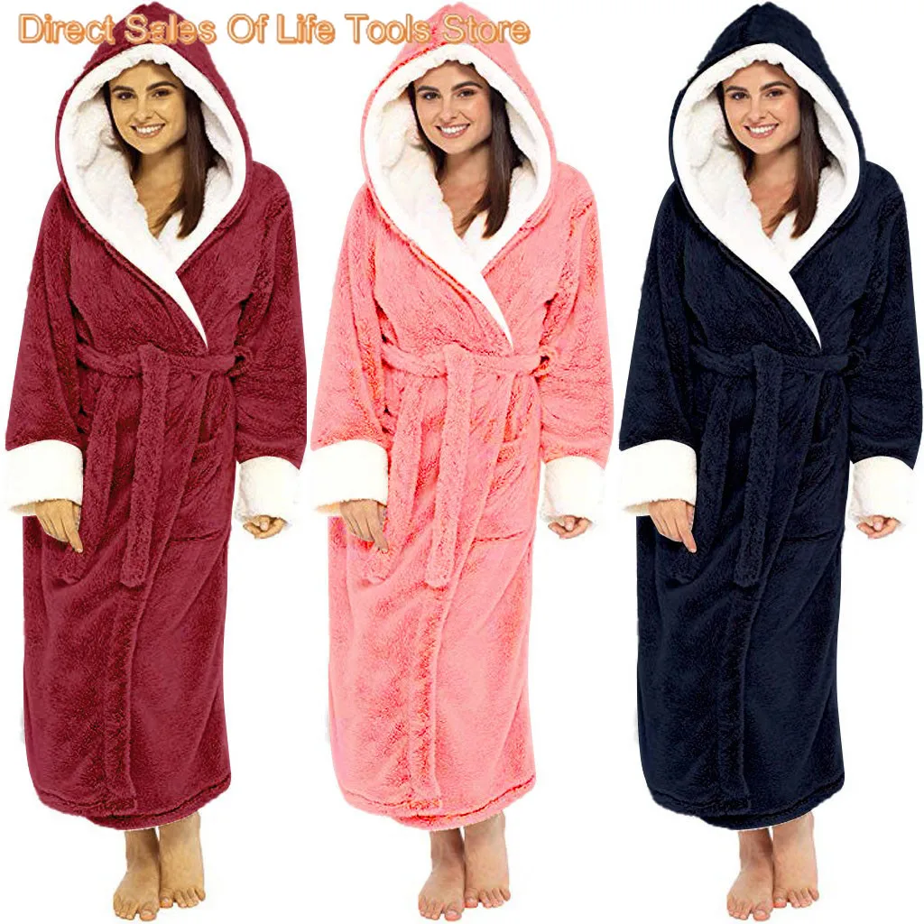 Ladies Underwerwomenwinter Plush Lengthened Shawl Bathrobe Home Clothes Long Sleeved Robe Coat Women'S Winter Warm Sleeping Robe