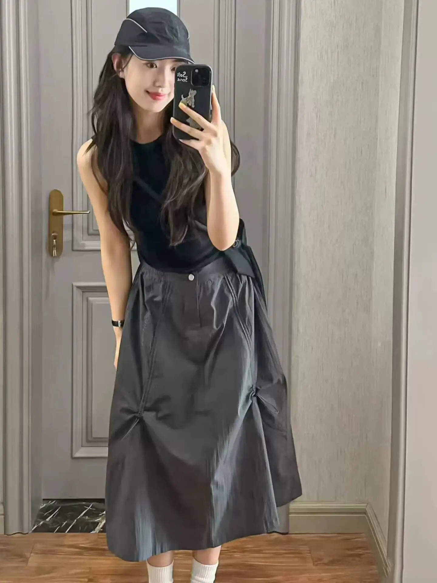 2026 Summer New Gray Cargo Skirt Women High Waist A Line Umbrella Skirt Slim Petite Retro Casual Midi Skirt