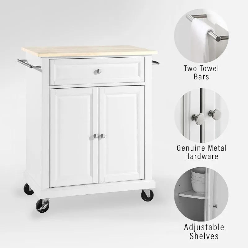 Compact Wood Top Small Rolling Cart with Shelves Microwave Stand with Towel Rack and Mobile Move on Everywhere Easy To Assembly