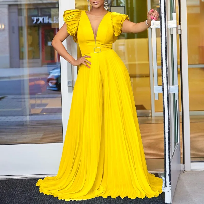 

Doyerl Elegant Pleated Loose Wide Leg Jumpsuit Women Evening Nightclub Party Petal Sleeve High Waist One Piece Rompers with Belt