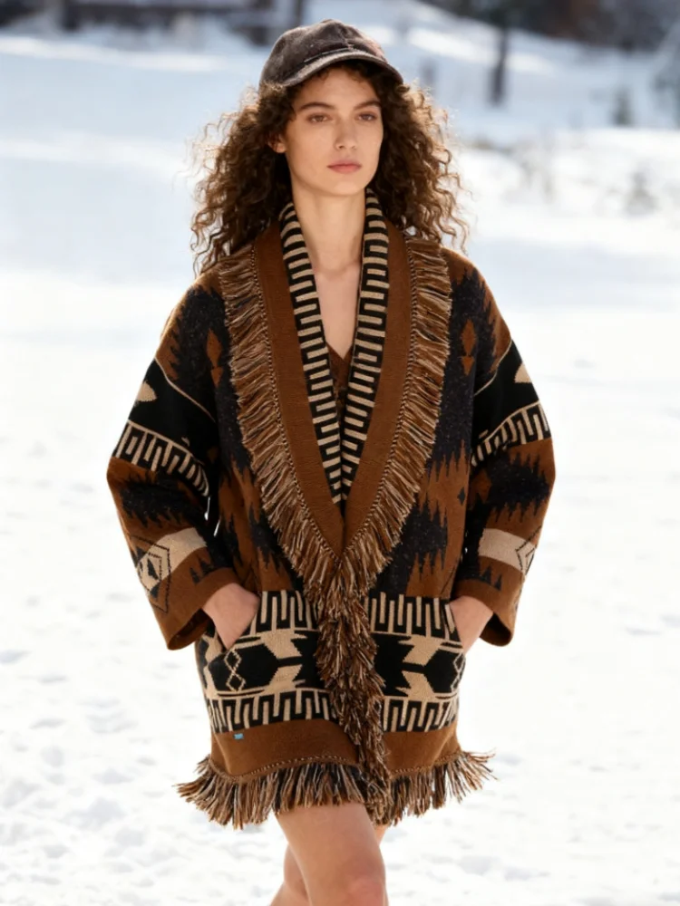 

Casual Patterned Tassel Knitted Cardigan Women Full Sleeves V-Neck Loose Contrast Sweater Lady 2025 Autumn Chic Female Outerwear