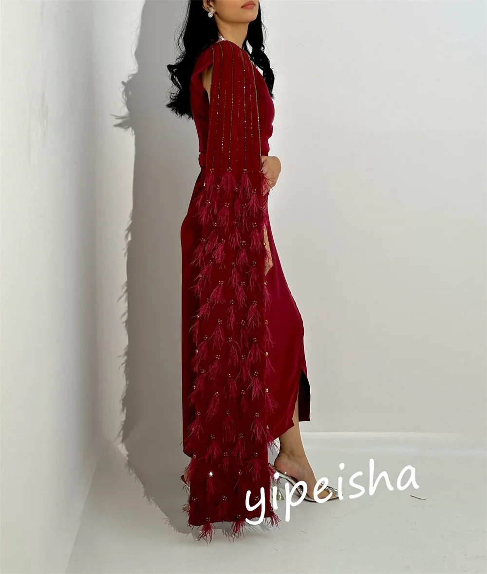 Customized  Evening    Jersey Feather Engagement Sheath V-neck Bespoke Occasion Gown Midi es Saudi Arabia