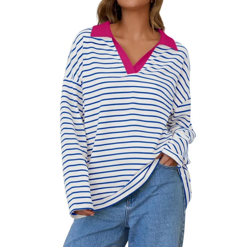 Womens Striped Long Sleeve Shirts Casual V Neck Oversized Sweatshirt Loose Fit Tunic Tops Fall Blouses