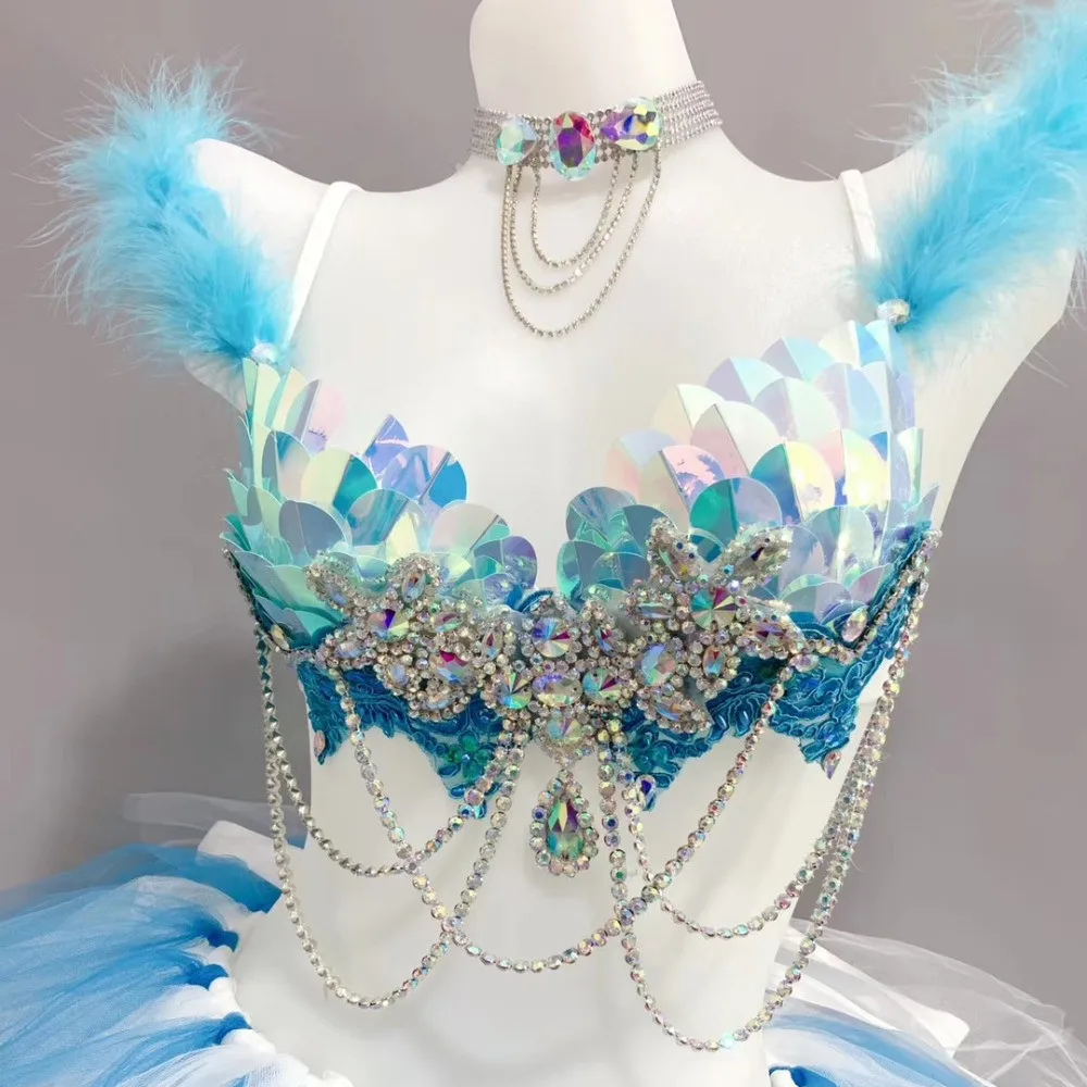 Niebieskie cekiny Dżetów Biustonosz Siatkowa spódnica Seksowny kostium taneczny Bar Klub Impreza Pokaz Rave Strój Klub nocny DJ Tancerz Festiwal Odzież