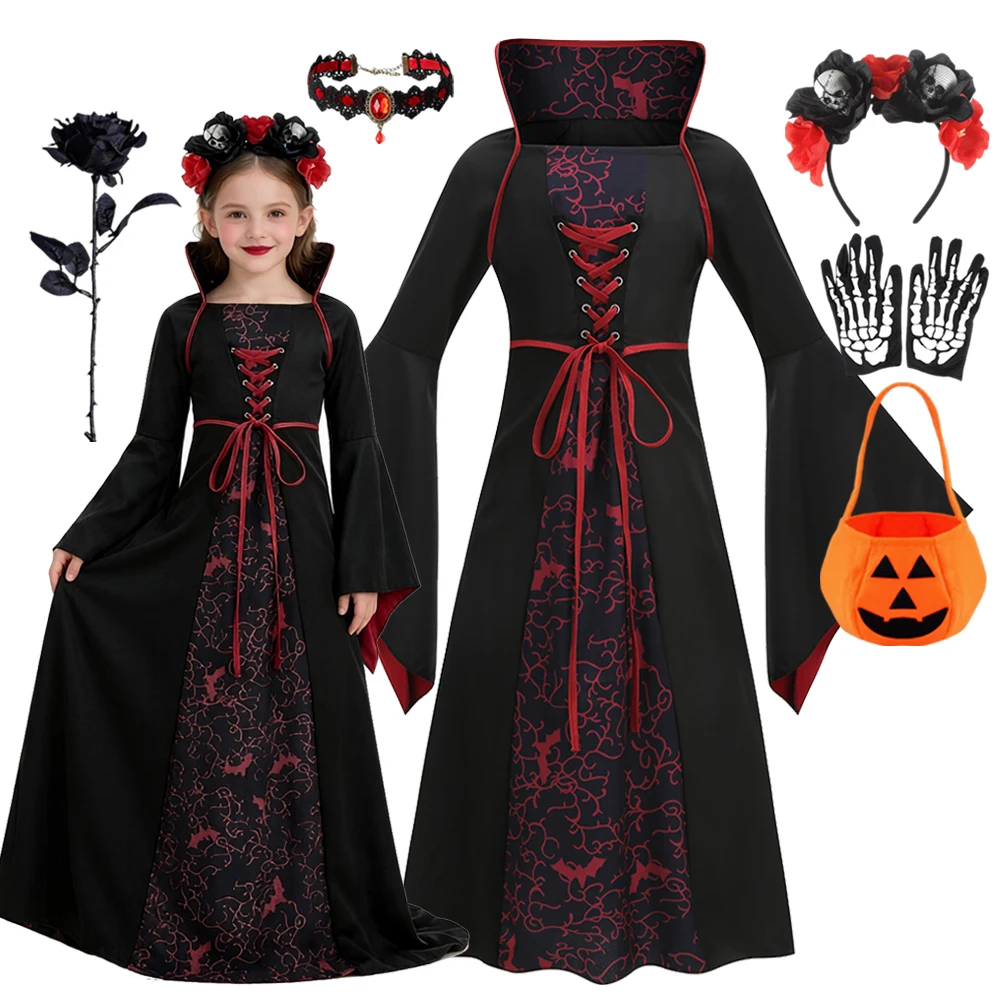 Girls Ghost Bride Gothic Disguise Halloween Cosplay Costume Dress Stage Performance Carnival Party Kids Vestidos Clothes