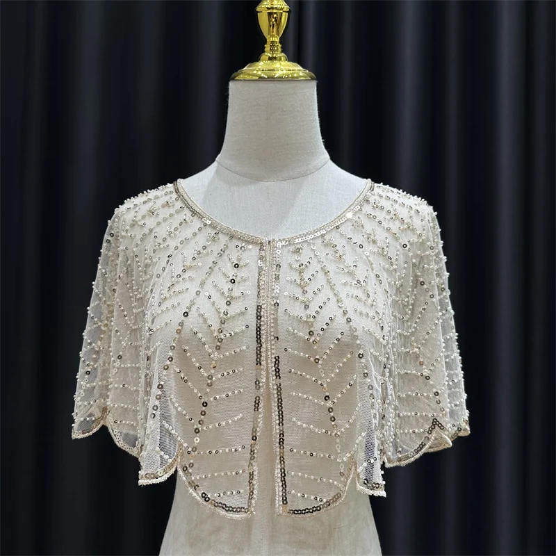 Beading &Sequin Leaf Shawl Elegant Sparkly Cape Breathable Mesh Short Cardigan Women Trend Dress Accessories For Party Prom 03