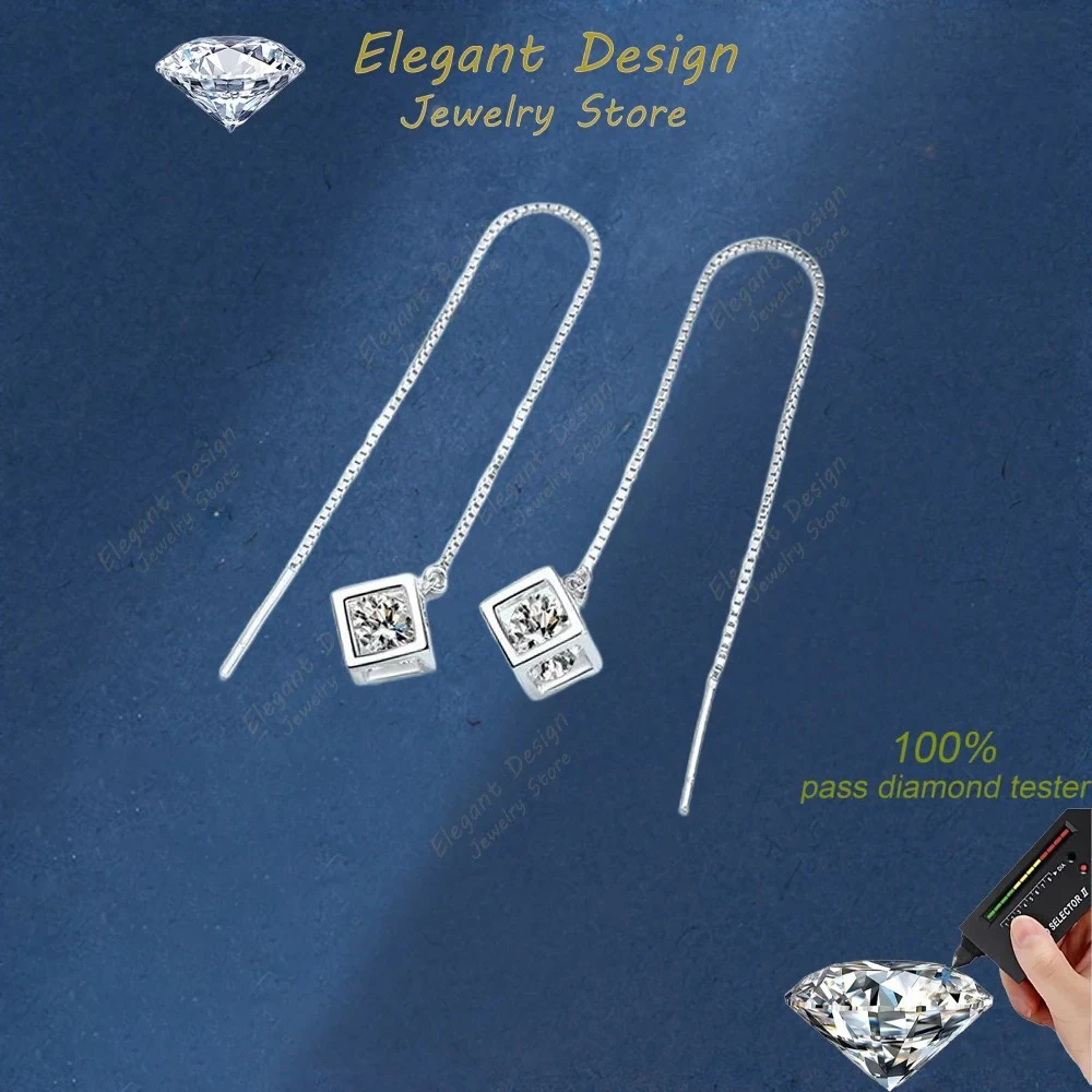 Women PT950 Platinum Drop Earrings Girl Valentine's Day  Love Cube Ear Threads Line 1/2CT Moissanite Diamond Birthday Gift Ins