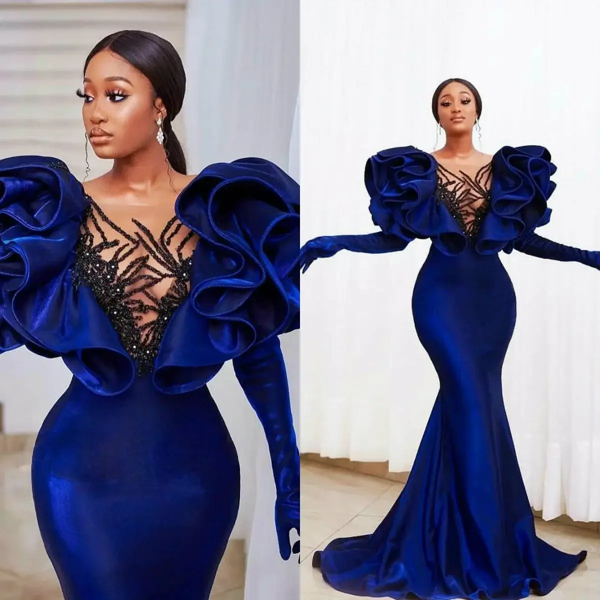 Modest Velvet Mermaid Prom Dresses Plus Size Ruffles Capped Sleeve Elegant Formal Evening Gowns 2021 vestido de novia