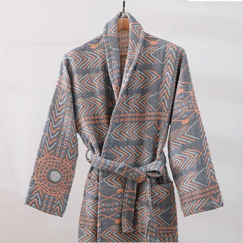 Women's Cotton Bathrobe Spring Autumn Print Ladies Dressing Gown with Sashes Water Absorbent Indian Style Kimono for Female