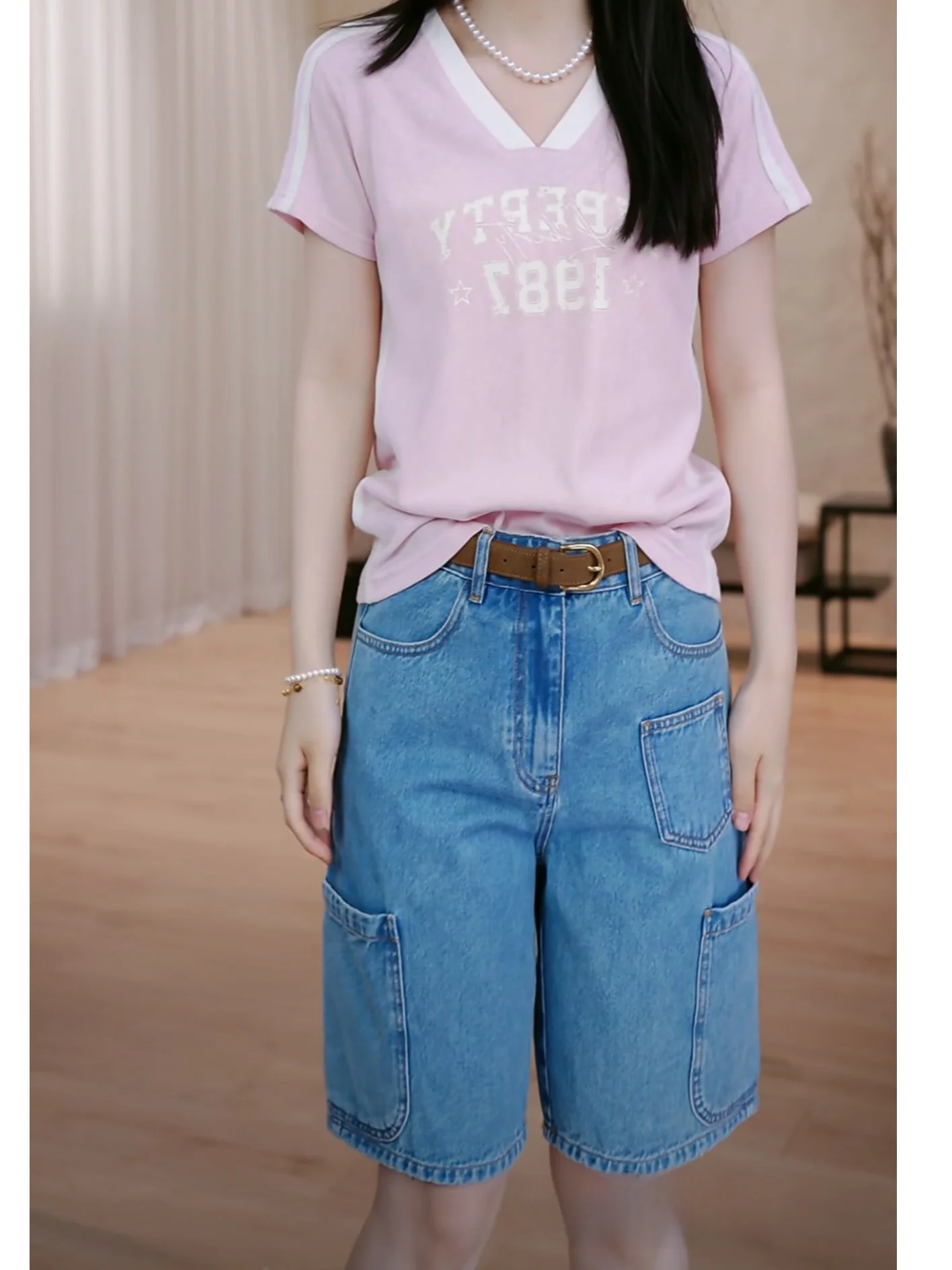 

Blue Large Pocket Workwear Style Shorts PM Wang Na Na High Waist Straight Leg Cotton Denim Ladies Fashion Spring Collection