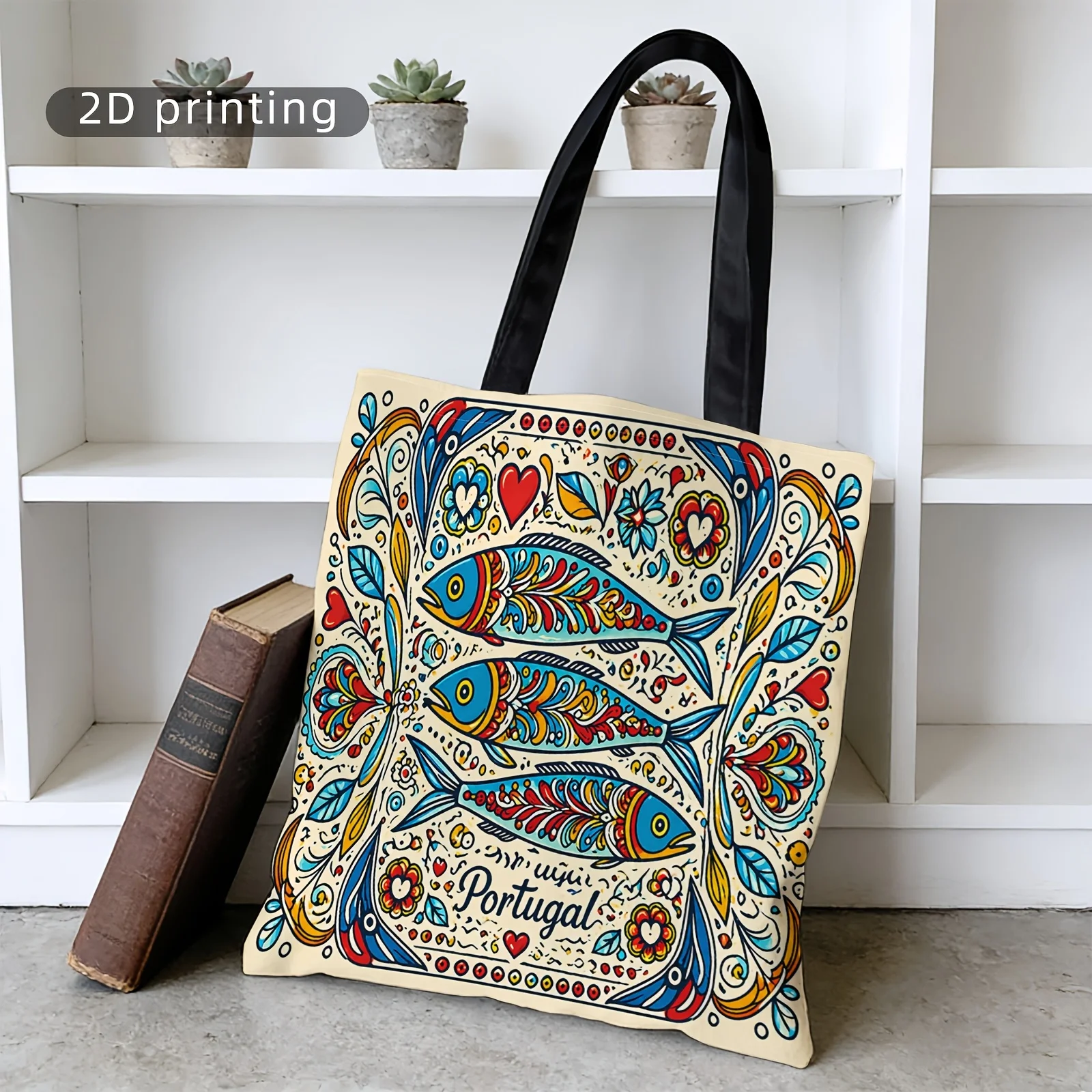 Large Capacity Shopping Bag Multi-purpose Package Hand-Painted Portuguese Fish Pattern + 