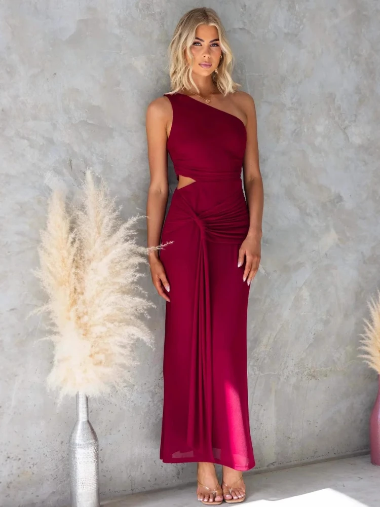 فستان نسائي صيفي جديد موديل 2025 أنيق ومثير بكتف مائل وخصر مجوف قابل للطي للتخسيس فستان طويل #5