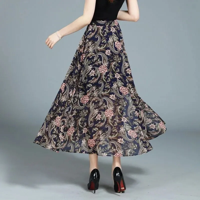 2025 primavera verão nova chiffon a linha saia feminina cintura alta divisão grande balanço saia floral casual all-match longo a linha saias