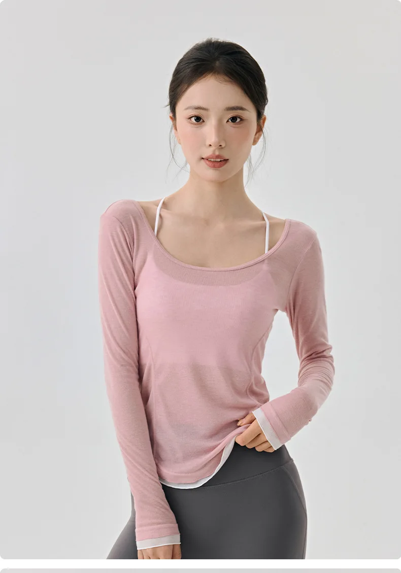 Leichte, leicht transparente Yoga-Tops für Damen, Herbst, locker geschnitten, Fitness-Gym, langärmeliges Sport-Top, großer U-Ausschnitt, Lauf-Workout-Anzug – Detail 4