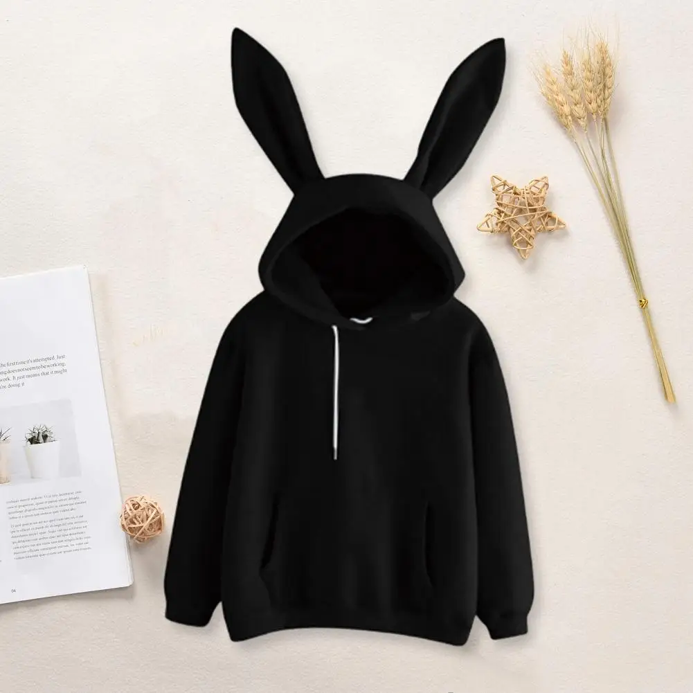 Women Solid Color Hoodie Cozy Bunny Ear Hoodie for Women Soft Warm Hooded Top with Drawstring Elastic Cuff Fall Winter Solid