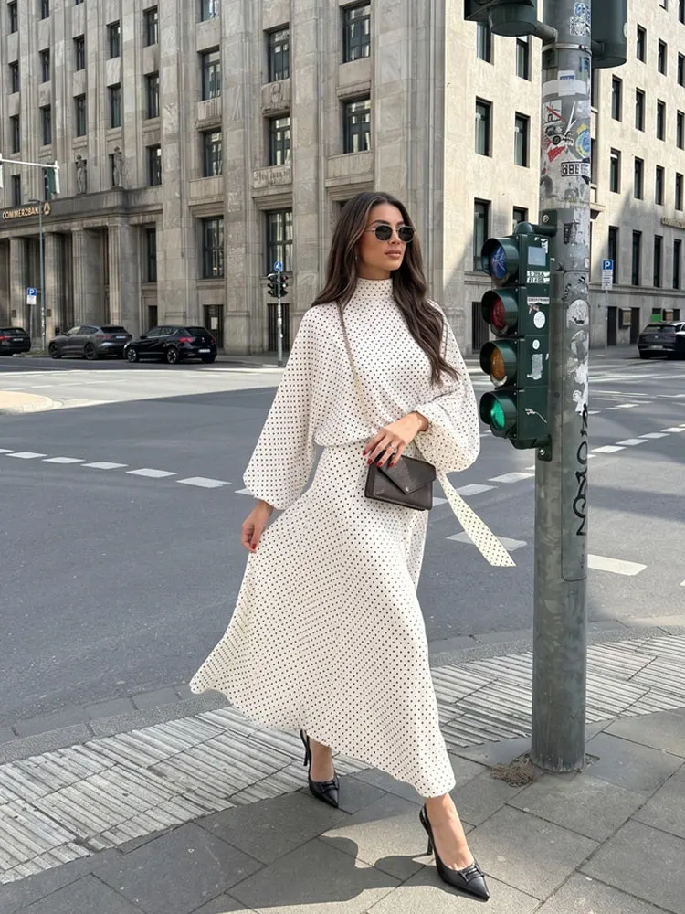 HH Women Vintage Polka Dot Skirt Sets Long Sleeve Bow Tie Shirt Loose A-line Skirt 2026 Spring Casual Vacation Beach Outfits image 4